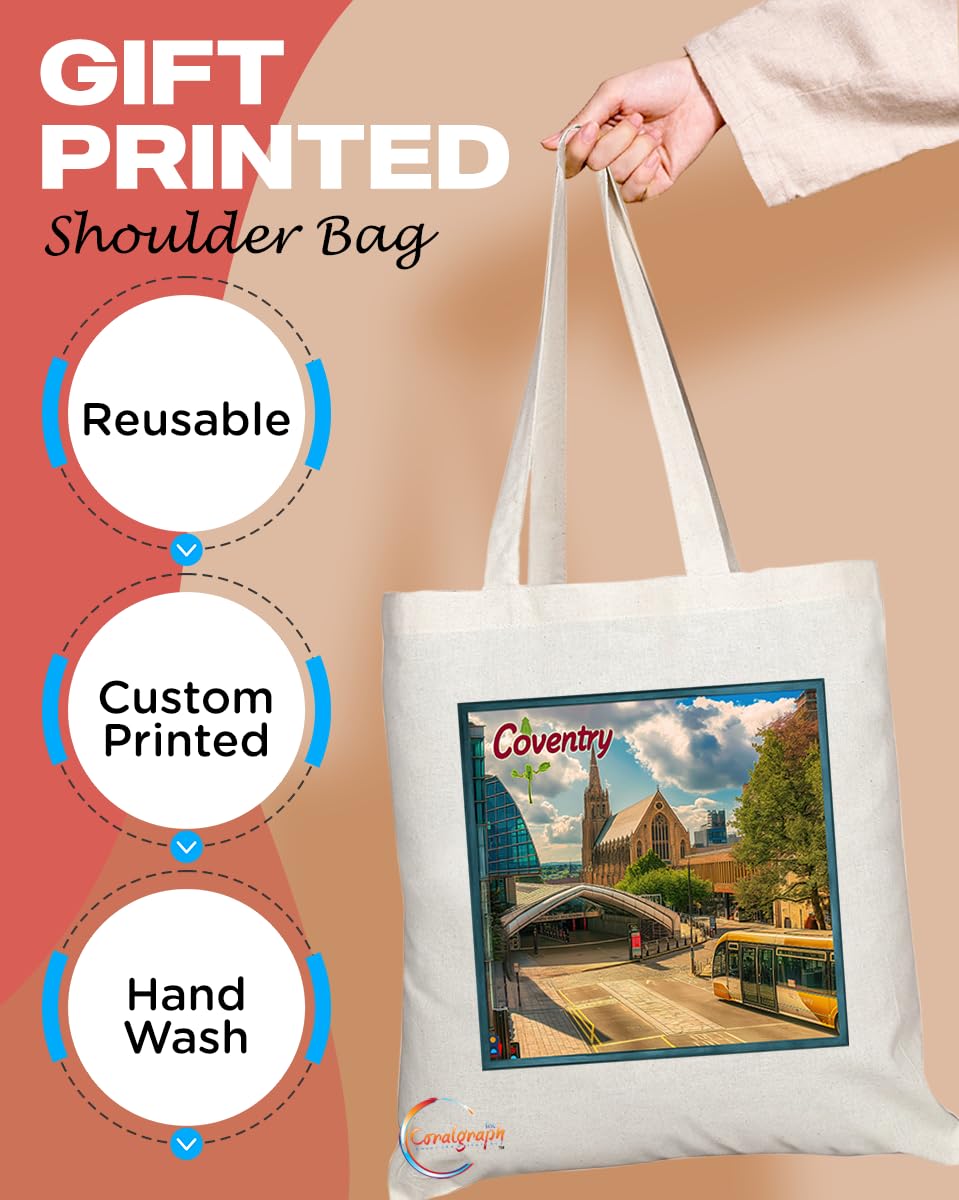 Natural Reusable Shopping Souvenir Tote Bag Featuring Cities and Landmarks in United Kingdom (Coventry)