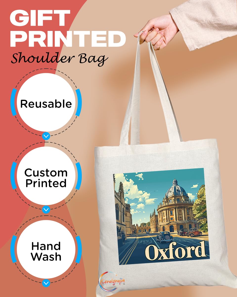 Natural Reusable Shopping Souvenir Tote Bag Featuring Cities and Landmarks in United Kingdom (Oxford 2)