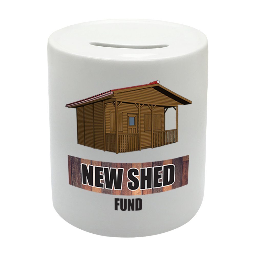 BS069 NEW SHED FUND Novelty Gift Printed Ceramic Piggy Bank Money Saving Box