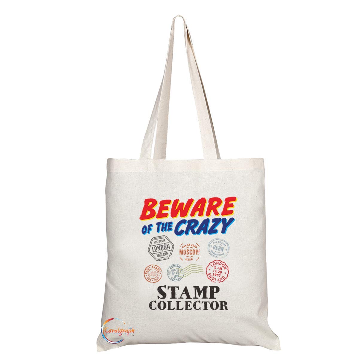 TB1043 Beware of the Crazy Stamp Collector Novelty Present Gift Printed Eco-Friendly Stylish Long Handled Tote Shoulder Bag