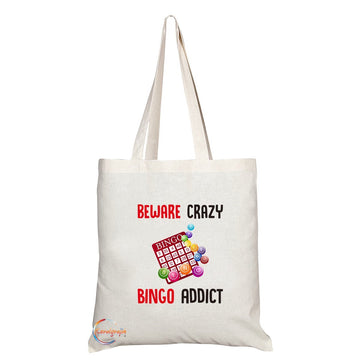 TB293 Beware Crazy Bingo Addict Novelty Present Gift Printed Eco-Friendly Stylish Long Handled Tote Shoulder Bag