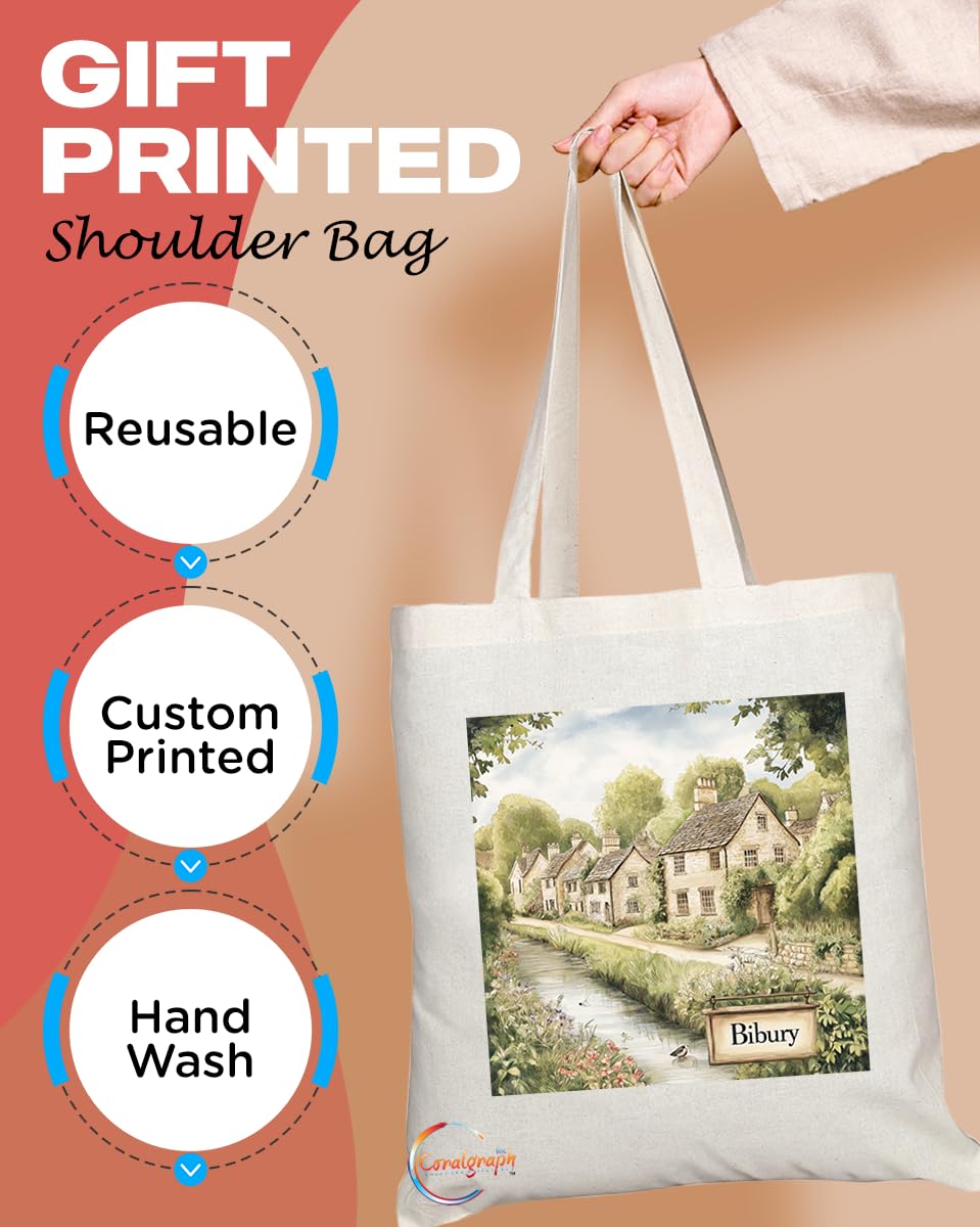 Natural Reusable Shopping Souvenir Tote Bag Featuring Cities and Landmarks in United Kingdom (Bibury)