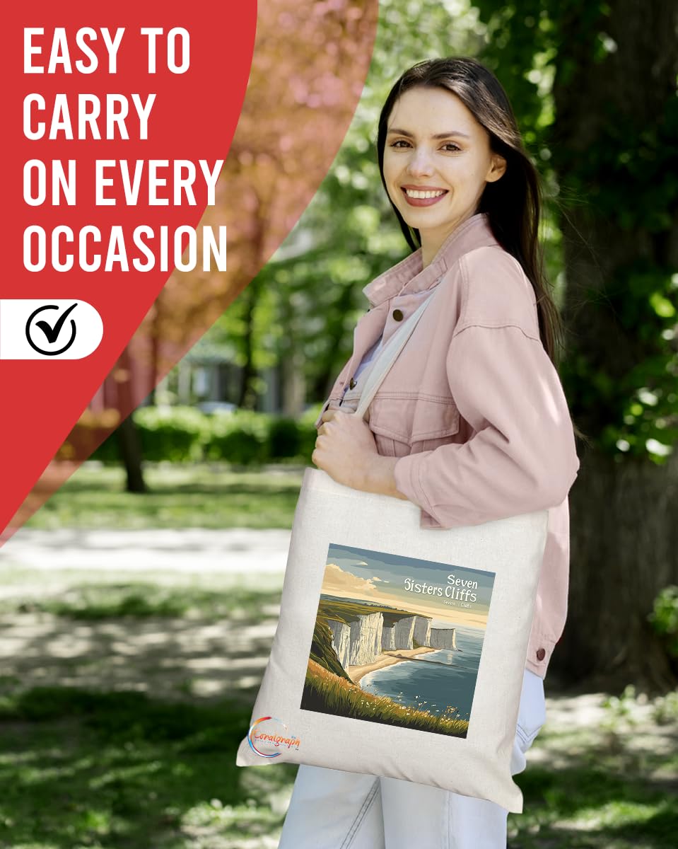 Natural Reusable Shopping Souvenir Tote Bag Featuring Cities and Landmarks in United Kingdom (Seven Sisters Cliff)