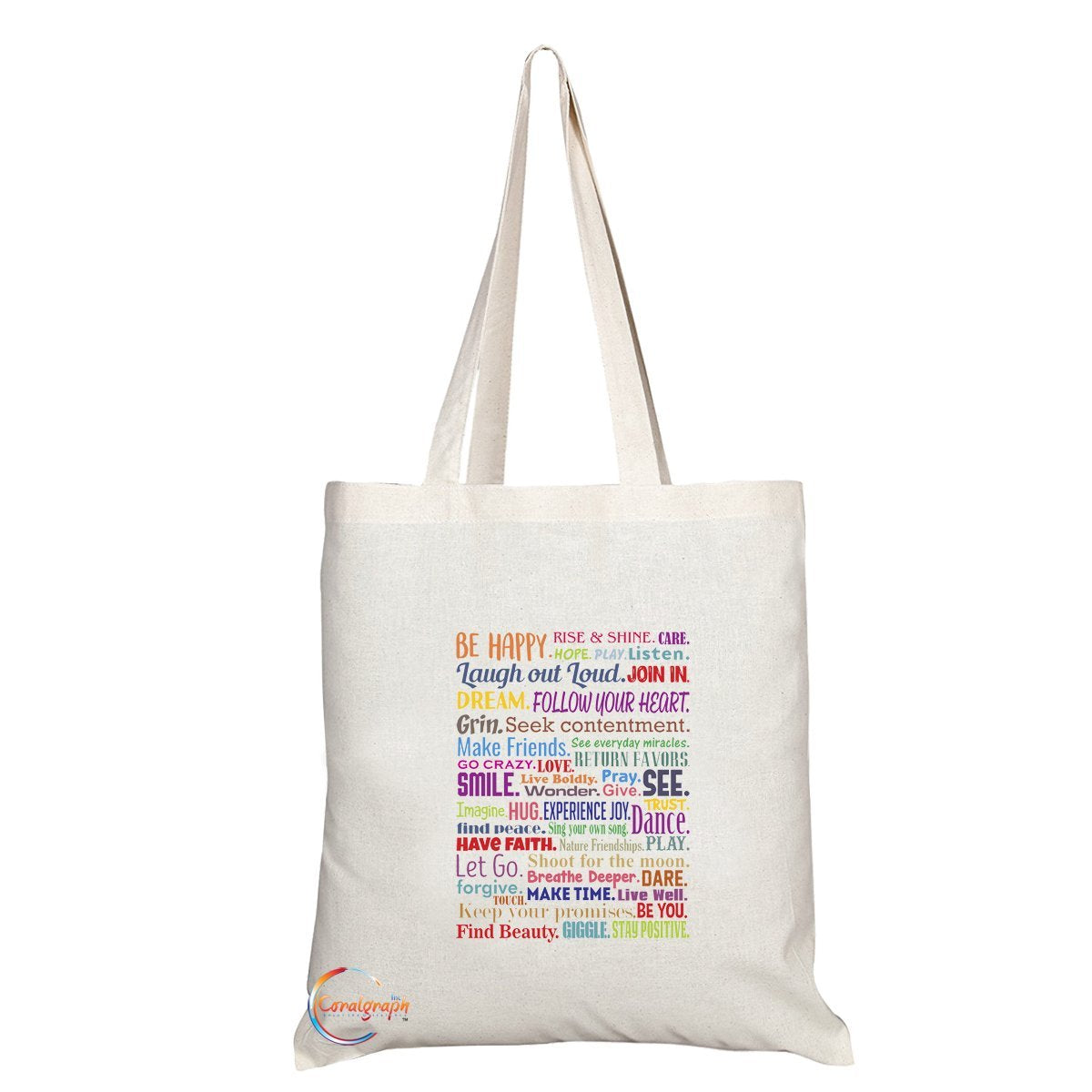 TB194 BE HAPPY, RISE & SHINE CARE LAUGH JOIN DREAM HUG EXPERIENCE Novelty Present Gift Printed Eco-Friendly Stylish Long Handled Tote Shoulder Bag