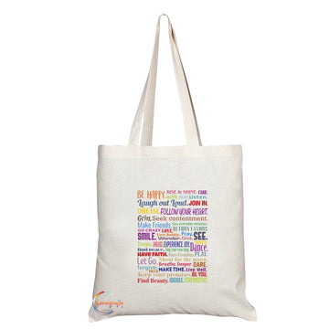 TB194 BE HAPPY, RISE & SHINE CARE LAUGH JOIN DREAM HUG EXPERIENCE Novelty Present Gift Printed Eco-Friendly Stylish Long Handled Tote Shoulder Bag