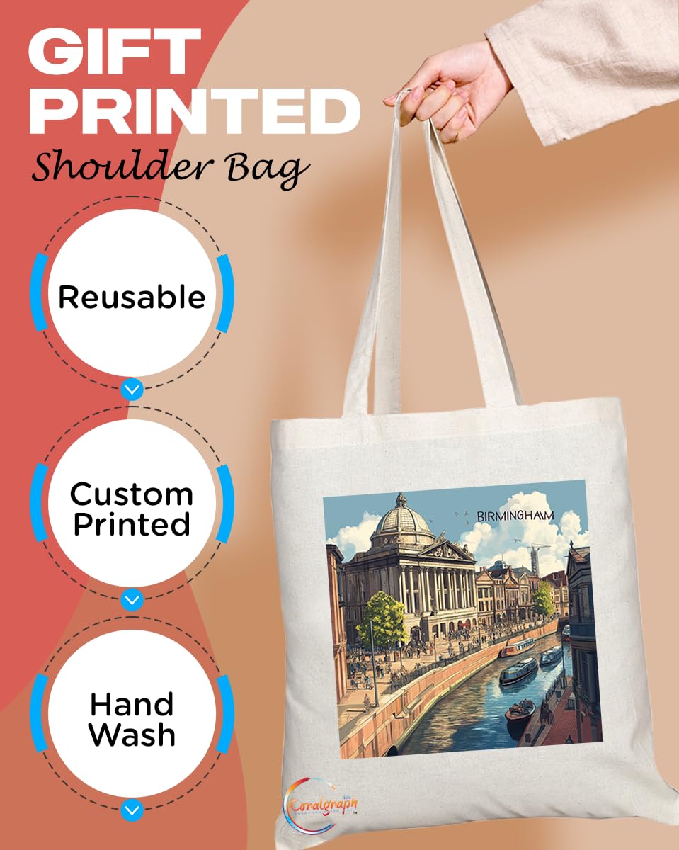 Natural Reusable Shopping Souvenir Tote Bag Featuring Cities and Landmarks in United Kingdom (Birmingham)