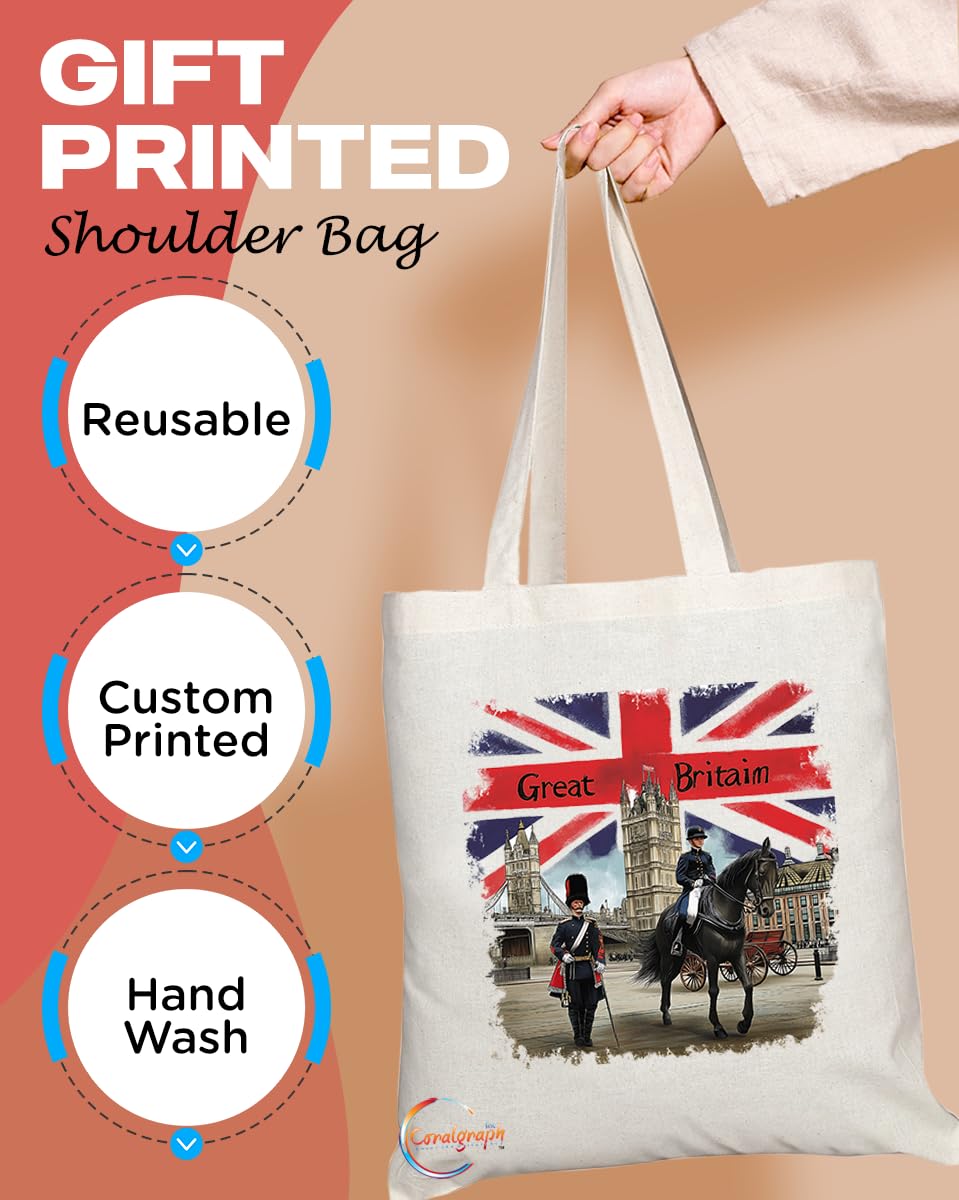 TB2025 - Natural Reusable Shopping Souvenir Tote Bag Featuring Great Britain - (Design 2)