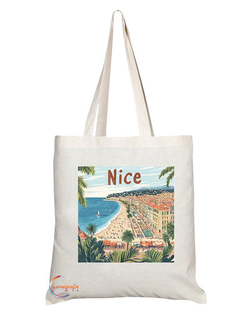 Natural Reusable Shopping Souvenir Tote Bag Featuring Popular Cities and Capitals from Europe and Around the World (Nice)