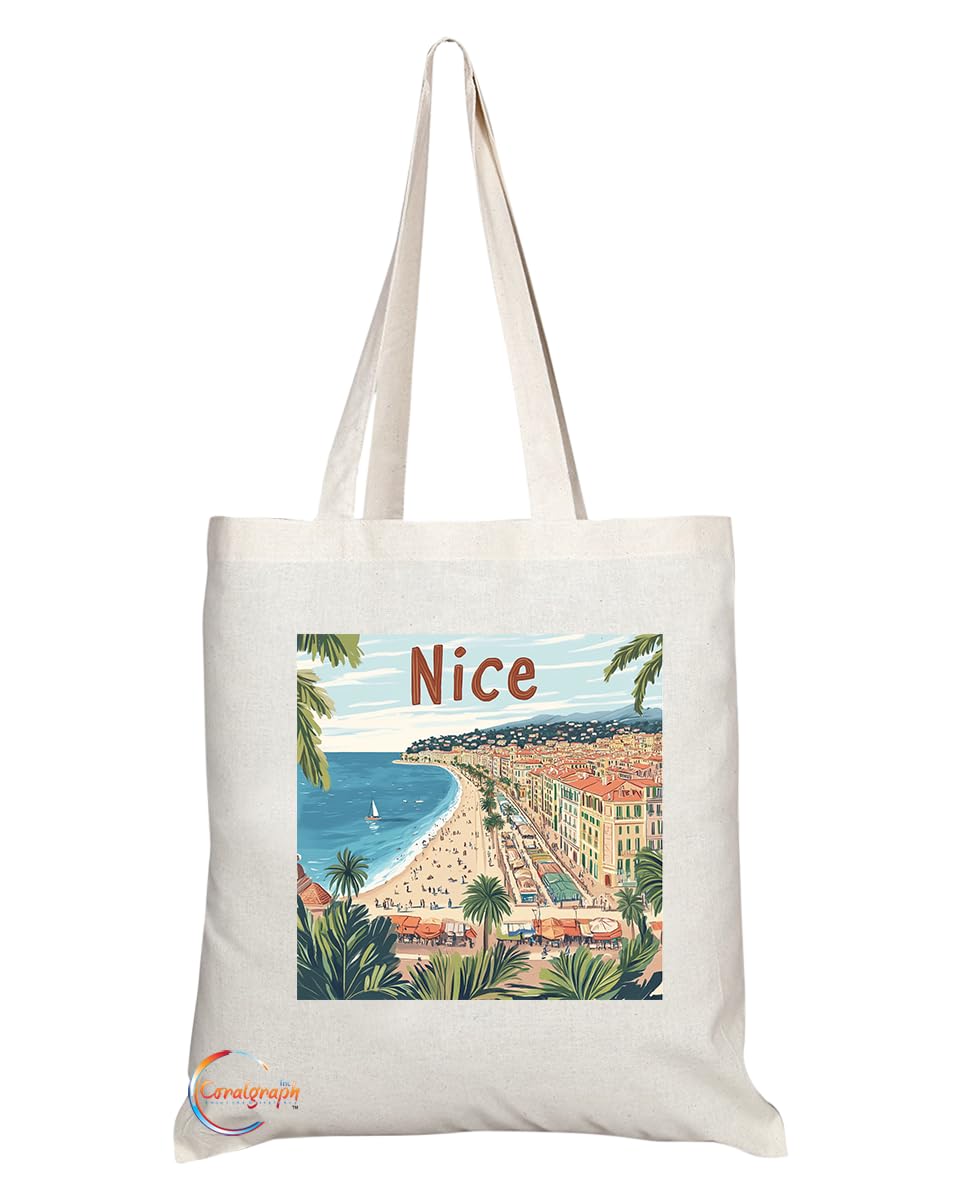 Natural Reusable Shopping Souvenir Tote Bag Featuring Popular Cities and Capitals from Europe and Around the World (Nice)