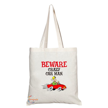 TB292 Beware Crazy Car Man Novelty Present Gift Printed Eco-Friendly Stylish Long Handled Tote Shoulder Bag