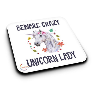 ER503 Beware Crazy Unicorn Lady Novelty Present Gift Printed MDF Wooden Coaster