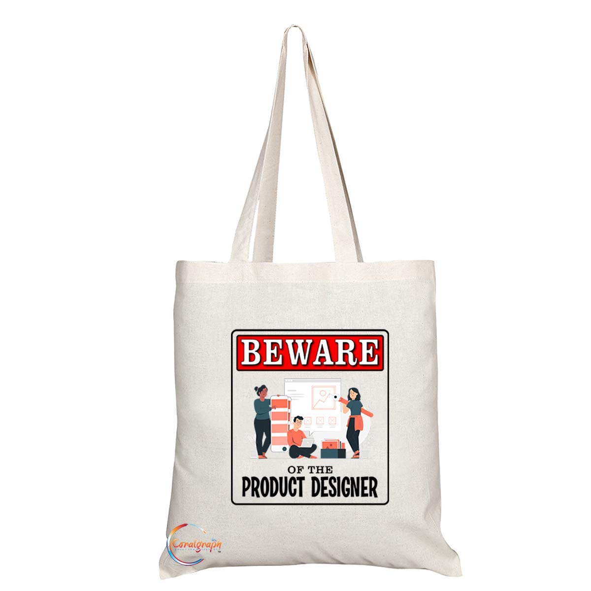 TB1000F Beware of the Product Designer Novelty Present Gift Printed Eco-Friendly Stylish Long Handled Tote Shoulder Bag
