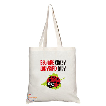 TB251 Beware Crazy Ladybird Lady Novelty Present Gift Printed Eco-Friendly Stylish Long Handled Tote Shoulder Bag