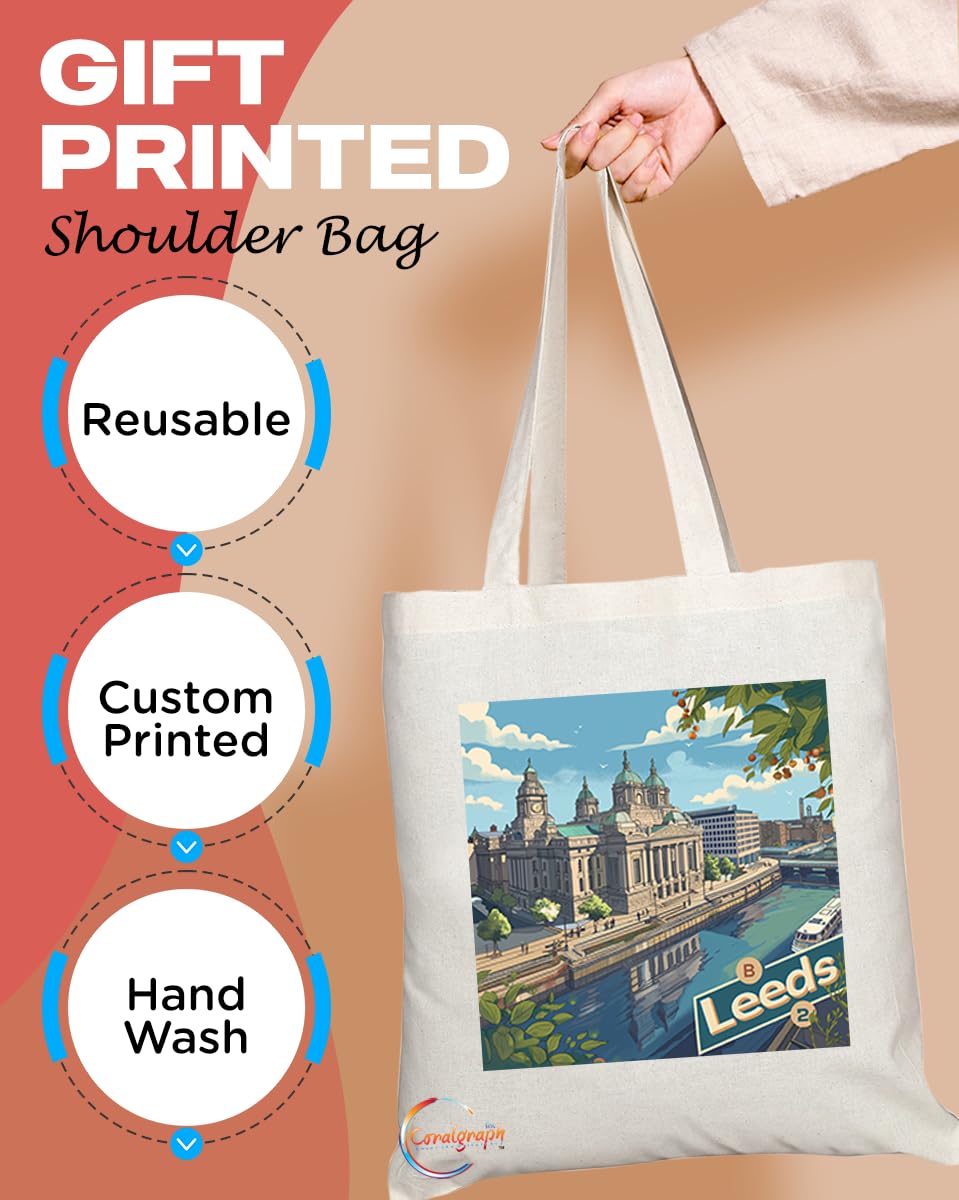 Natural Reusable Shopping Souvenir Tote Bag Featuring Cities and Landmarks in United Kingdom (Leeds2)