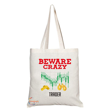 TB403 Beware Crazy Trader Novelty Present Gift Printed Eco-Friendly Stylish Long Handled Tote Shoulder Bag