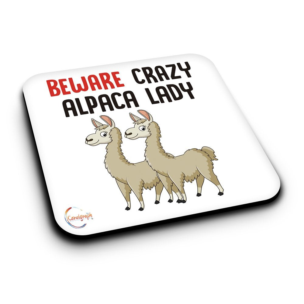 ER500 Beware Crazy Alpaca Lady Novelty Present Gift Printed MDF Wooden Coaster