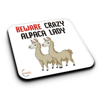 ER500 Beware Crazy Alpaca Lady Novelty Present Gift Printed MDF Wooden Coaster