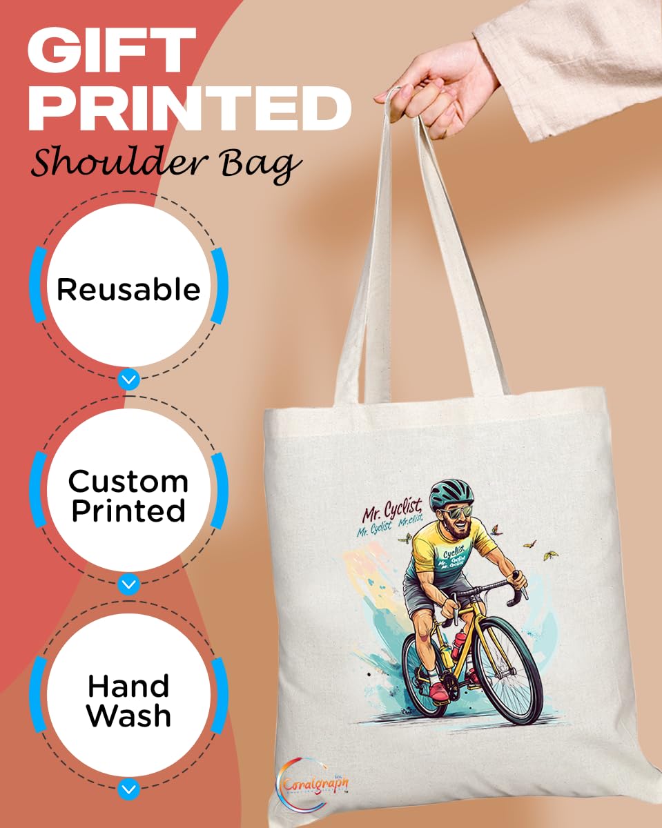 Natural Reusable Shopping Souvenir Tote Bag Featuring Popular Sports Designs from Around the World (Cyclist)