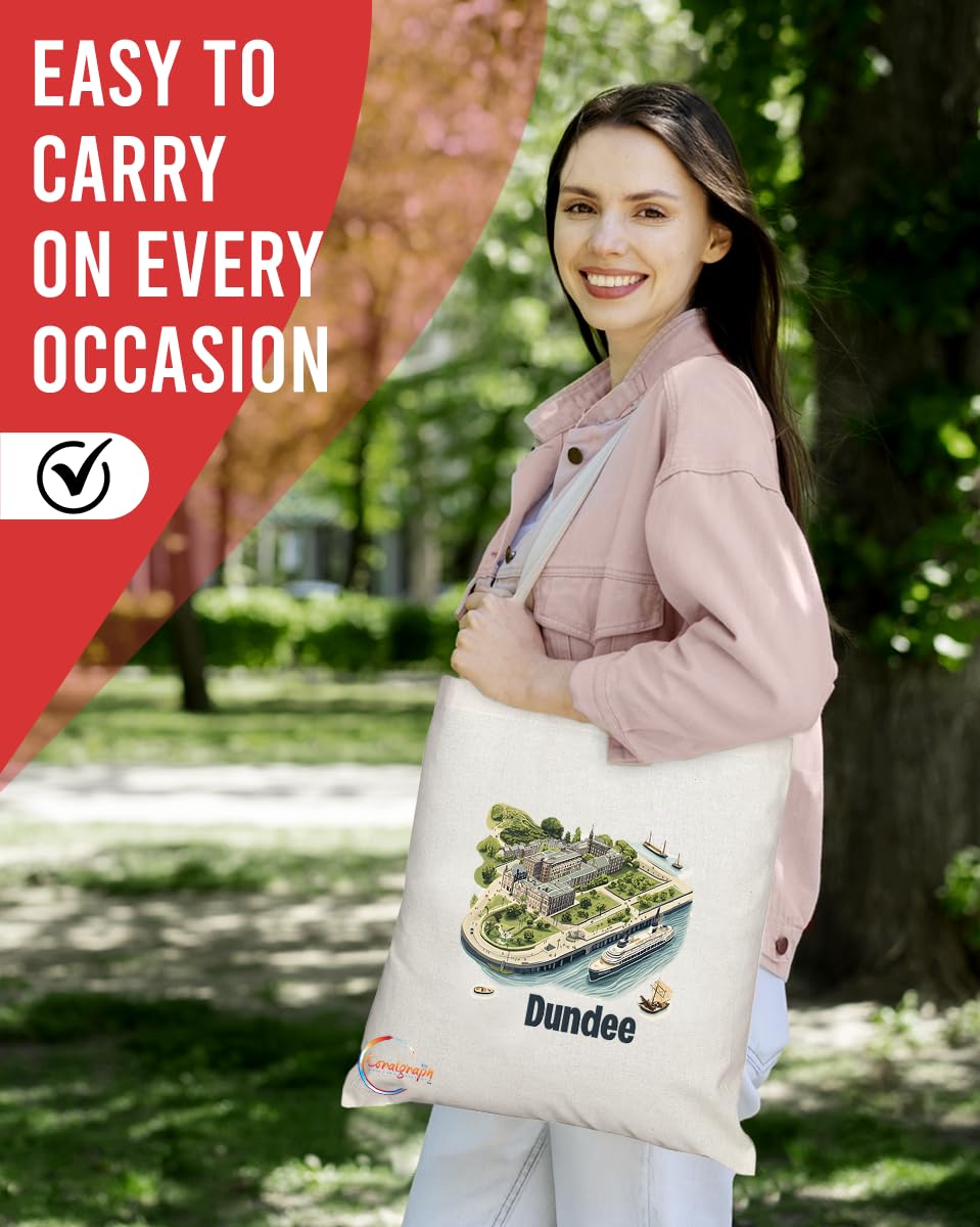 Natural Reusable Shopping Souvenir Tote Bag Featuring Cities and Landmarks in United Kingdom (Dundee)