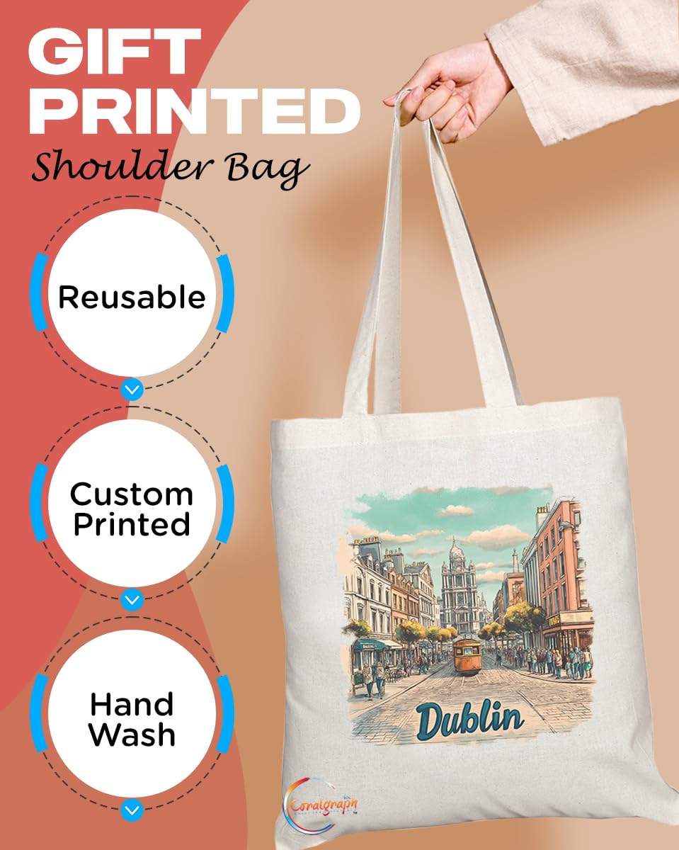 Natural Reusable Shopping Souvenir Tote Bag Featuring Popular Cities and Capitals from Europe and Around the World (Dublin)