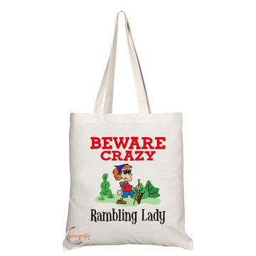 TB351 Beware Crazy Rambling Lady Novelty Present Gift Printed Eco-Friendly Stylish Long Handled Tote Shoulder Bag