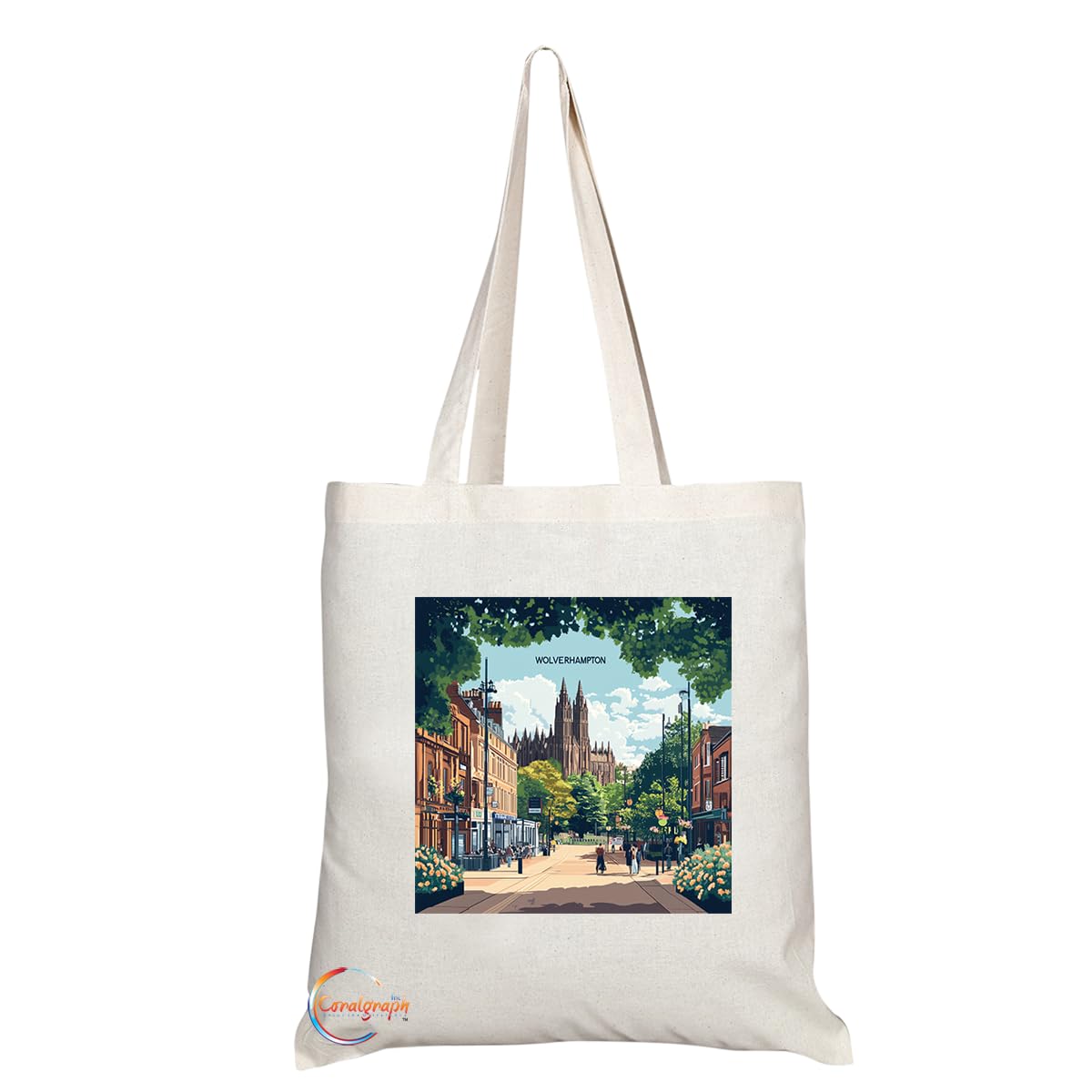 Natural Reusable Shopping Souvenir Tote Bag Featuring Cities and Landmarks in United Kingdom (Wolverhampton)