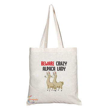 TB300 Beware Crazy Alpaca Lady Novelty Present Gift Printed Eco-Friendly Stylish Long Handled Tote Shoulder Bag