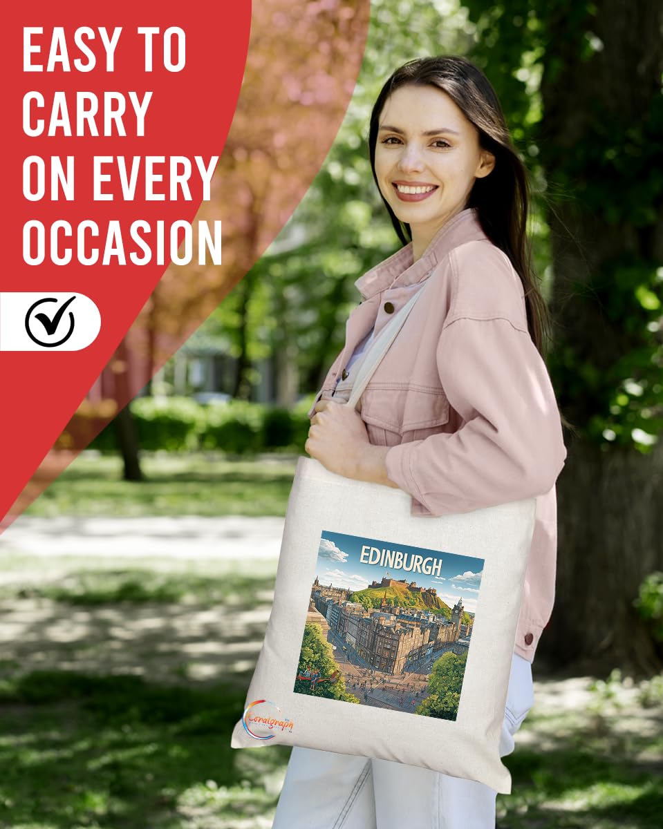Natural Reusable Shopping Souvenir Tote Bag Featuring Cities and Landmarks in United Kingdom (Edinburgh)