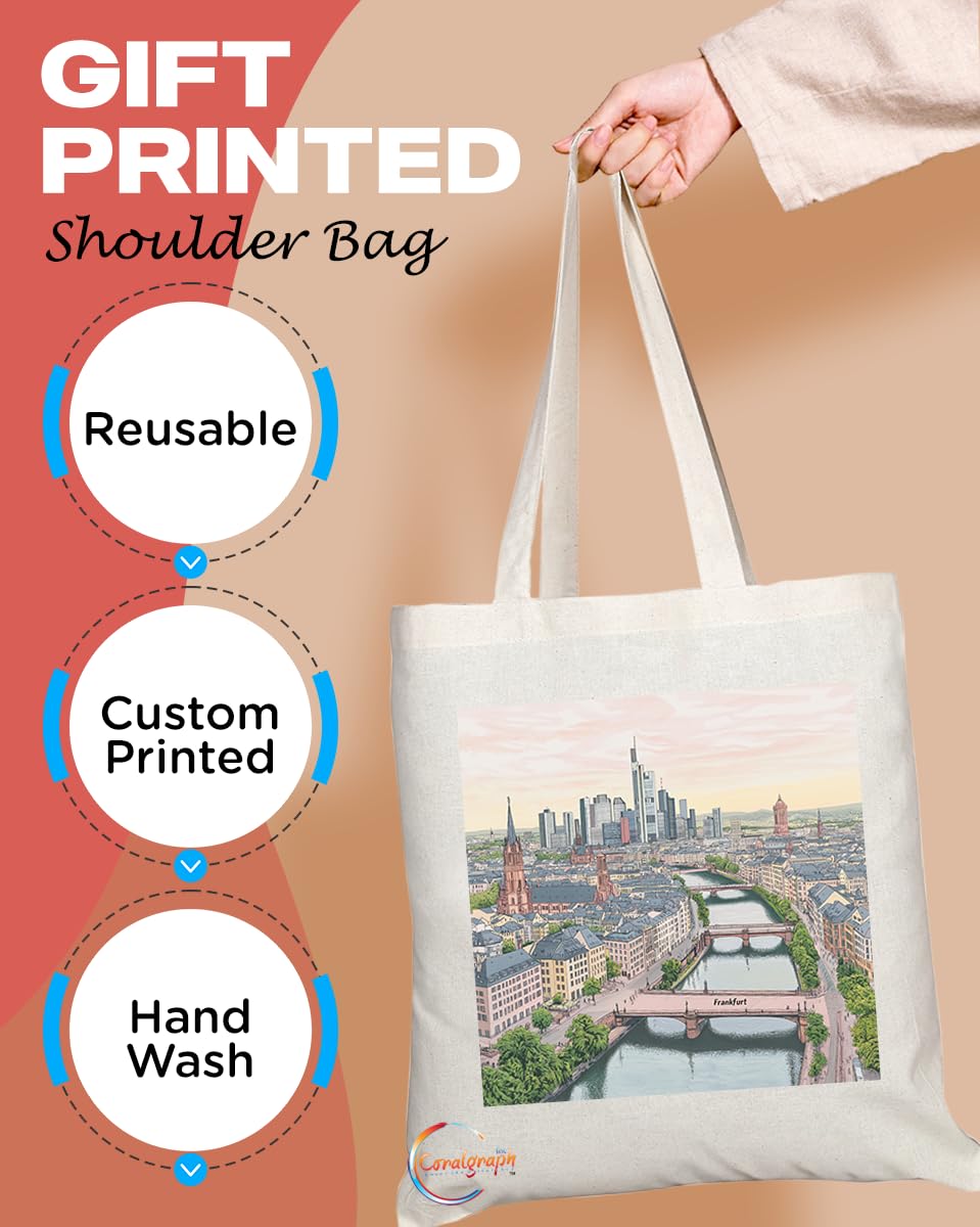 Natural Reusable Shopping Souvenir Tote Bag Featuring Popular Cities and Capitals from Europe and Around the World (Frankfurt)