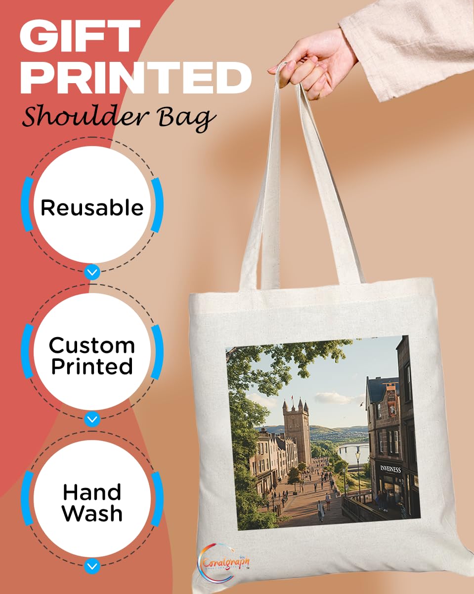 Natural Reusable Shopping Souvenir Tote Bag Featuring Cities and Landmarks in United Kingdom (Inverness)