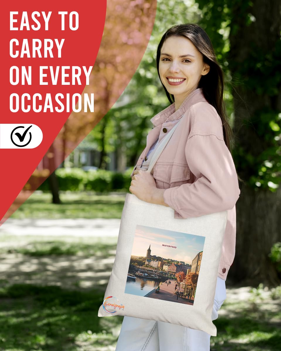 Natural Reusable Shopping Souvenir Tote Bag Featuring Cities and Landmarks in United Kingdom (Waterford)