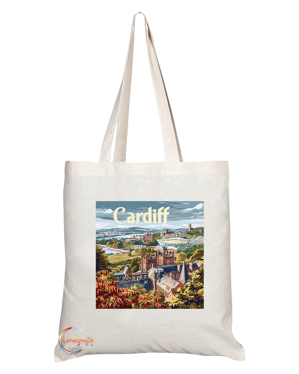 Natural Reusable Shopping Souvenir Tote Bag Featuring Cities and Landmarks in United Kingdom (Cardiff City)