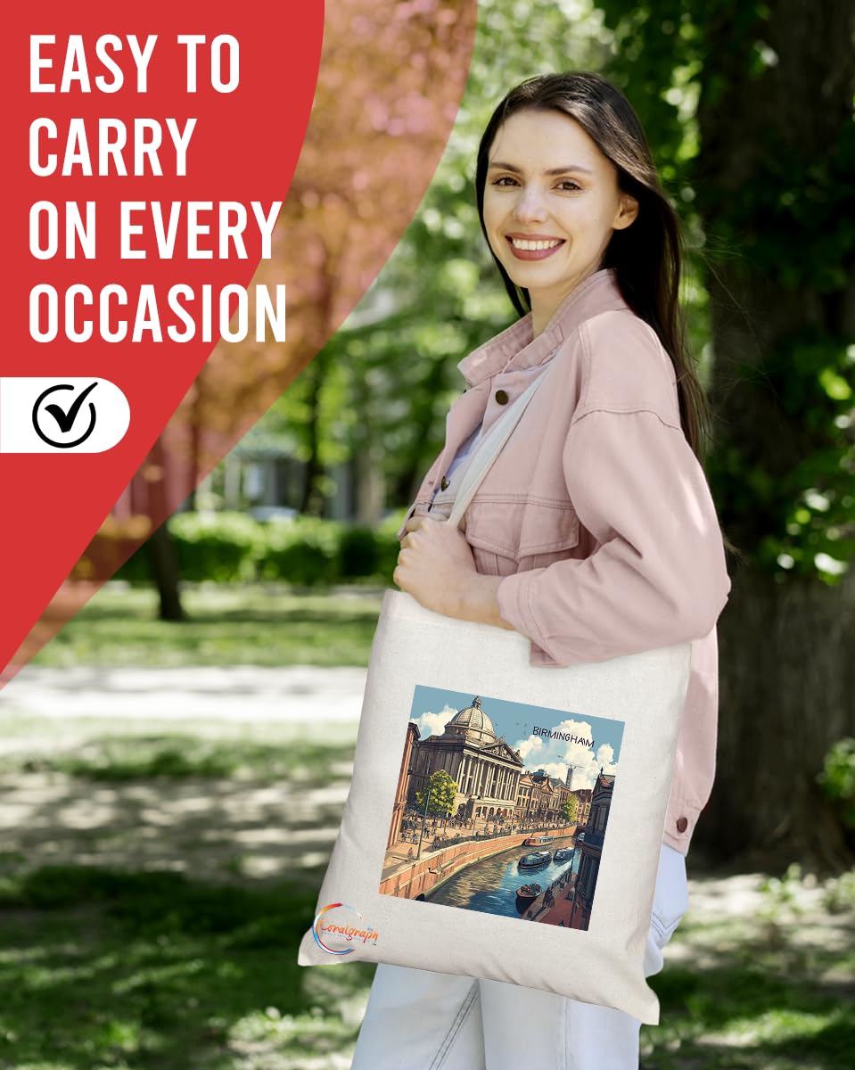 Natural Reusable Shopping Souvenir Tote Bag Featuring Cities and Landmarks in United Kingdom (Birmingham)