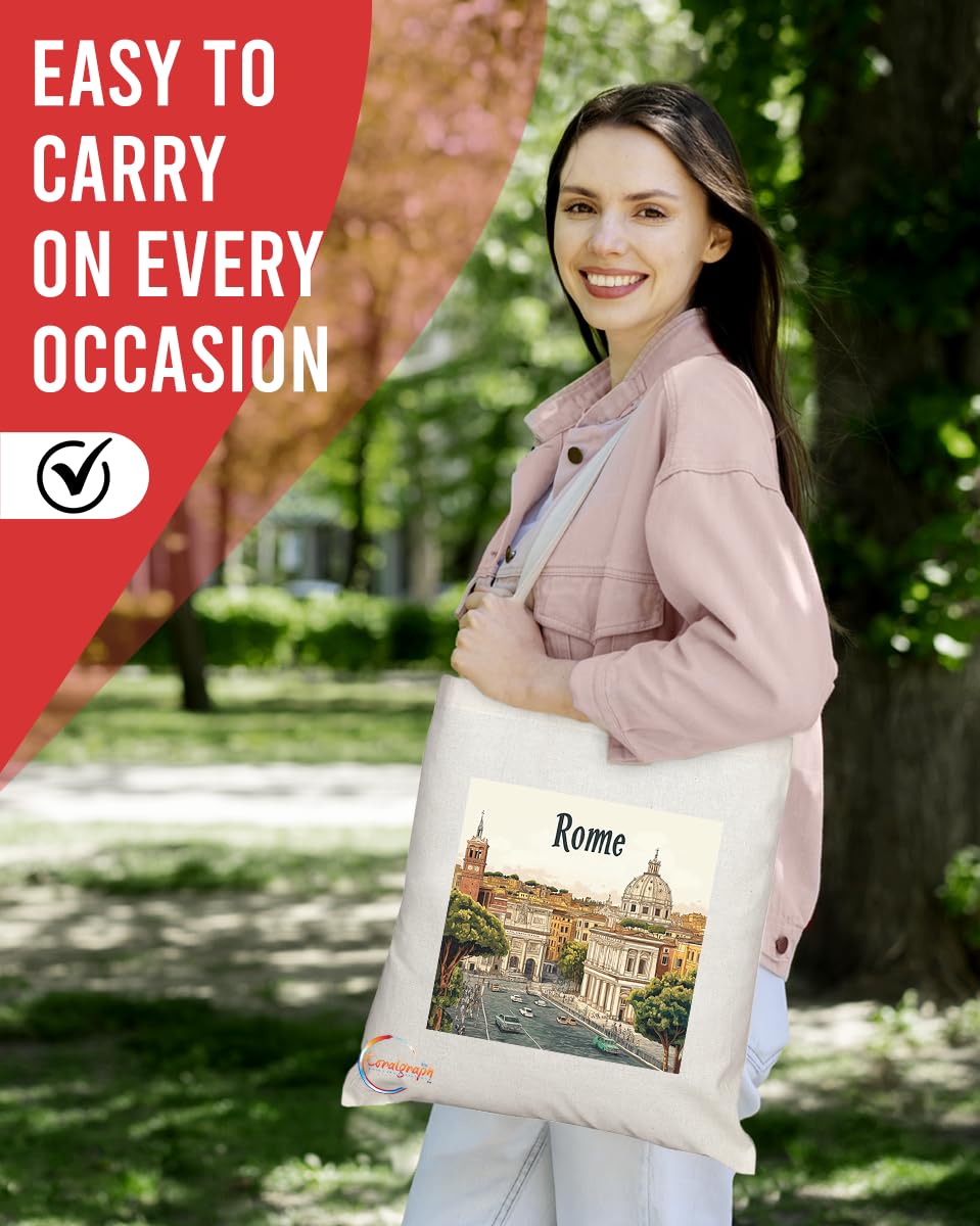 Natural Reusable Shopping Souvenir Tote Bag Featuring Popular Cities and Capitals from Europe and Around the World (Rome)