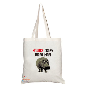 TB259 Beware Crazy Hippo Man Novelty Present Gift Printed Eco-Friendly Stylish Long Handled Tote Shoulder Bag