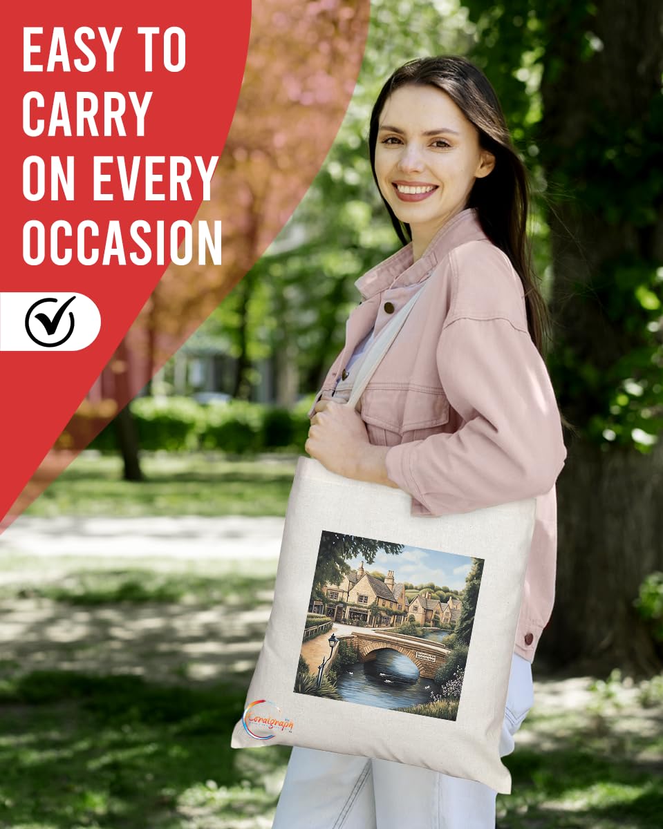 Natural Reusable Shopping Souvenir Tote Bag Featuring Cities and Landmarks in United Kingdom (Burton on Water)
