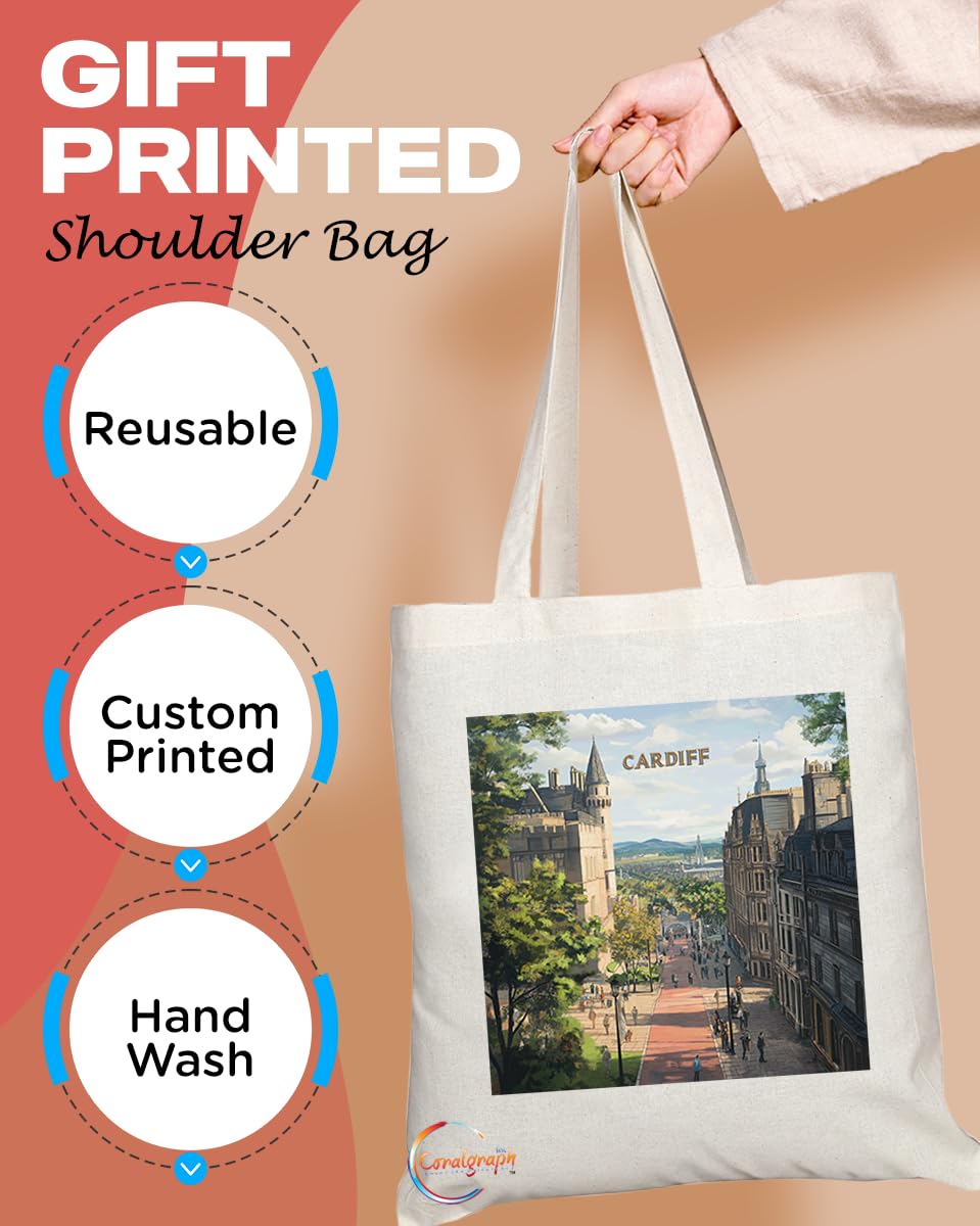 Natural Reusable Shopping Souvenir Tote Bag Featuring Cities and Landmarks in United Kingdom (Cardiff)