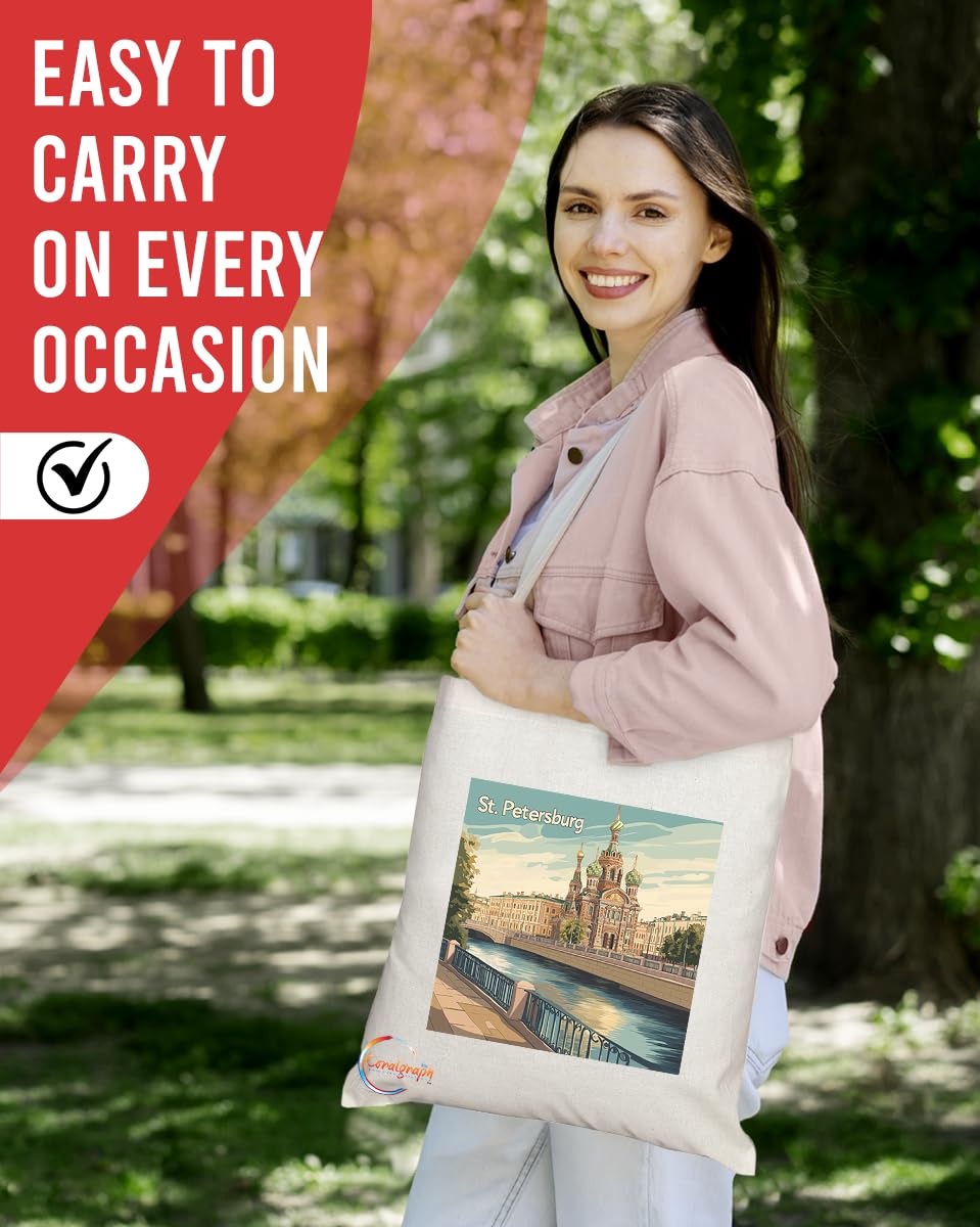 Natural Reusable Shopping Souvenir Tote Bag Featuring Popular Cities and Capitals from Europe and Around the World (St Petersburg)