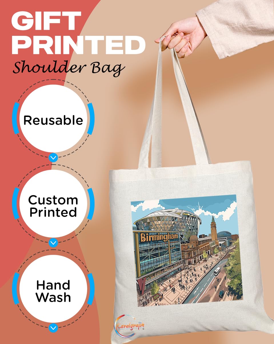 Natural Reusable Shopping Souvenir Tote Bag Featuring Cities and Landmarks in United Kingdom (Birmingham 1)