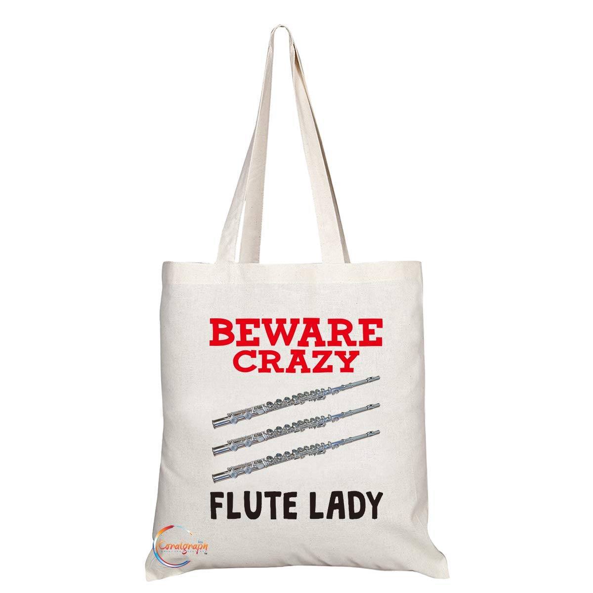 TB346 Beware Crazy Flute Lady Novelty Present Gift Printed Eco-Friendly Stylish Long Handled Tote Shoulder Bag