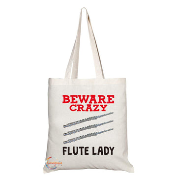 TB346 Beware Crazy Flute Lady Novelty Present Gift Printed Eco-Friendly Stylish Long Handled Tote Shoulder Bag