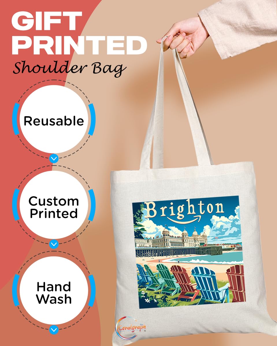 Natural Reusable Shopping Souvenir Tote Bag Featuring Cities and Landmarks in United Kingdom (Brighton Pier)