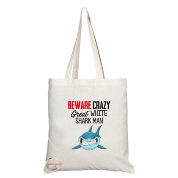 TB202 Beware Crazy Great White Shark Man Novelty Present Gift Printed Eco-Friendly Stylish Long Handled Tote Shoulder Bag
