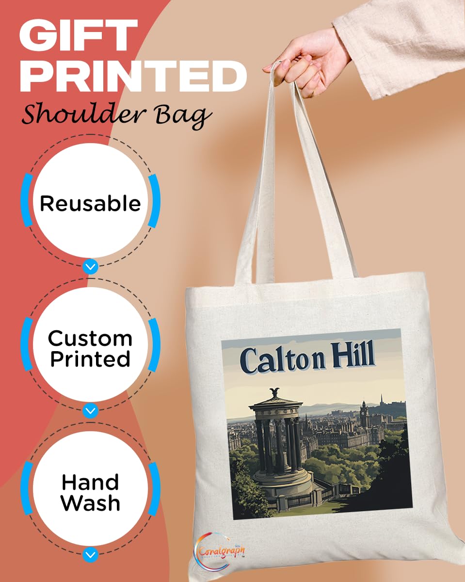 Natural Reusable Shopping Souvenir Tote Bag Featuring Cities and Landmarks in United Kingdom (Calton Hill)