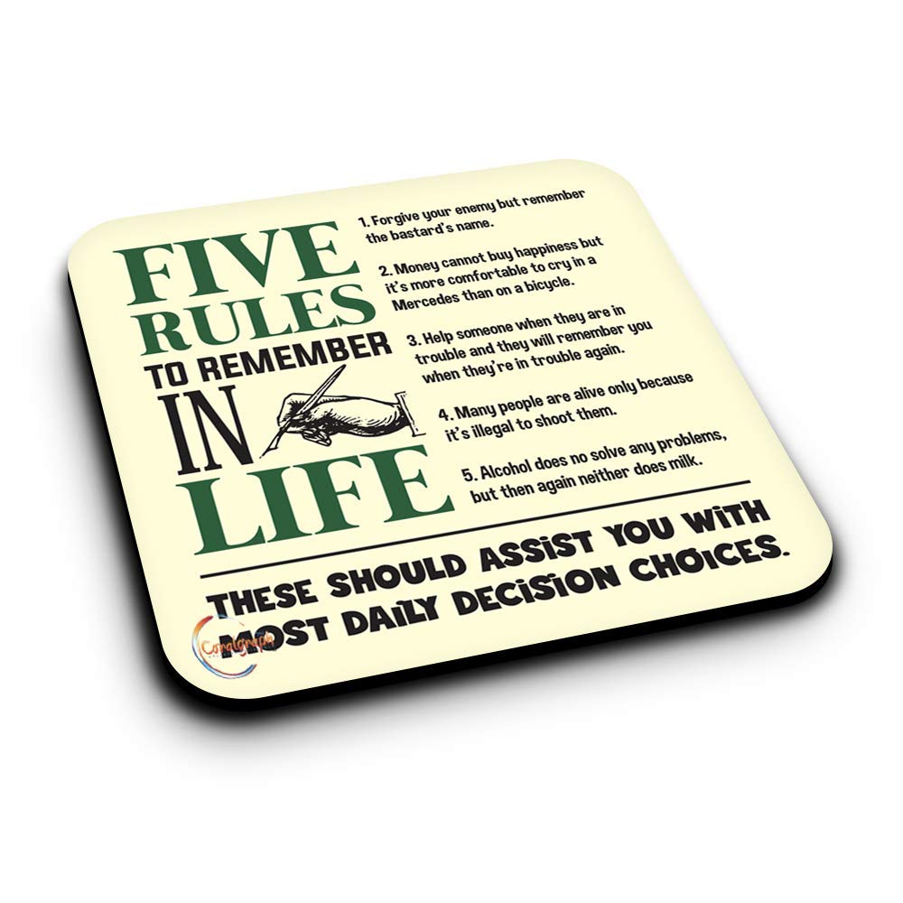 ER364 Five Rules To Remember In Life With Most Daily Decision Choices Novelty Present Gift Printed MDF Wooden Coaster
