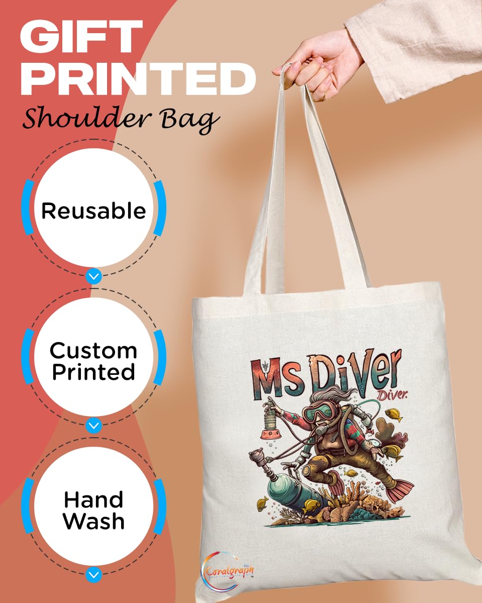 TB1961 Ms Diver Souvenir Tote Bag - Depicting an Adventurous Diver Exploring Underwater - Memory Keepsake for Diving Enthusiasts - Ms Diver Memorabilia