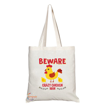 TB287 Beware Crazy Chicken Man (A) Novelty Present Gift Printed Eco-Friendly Stylish Long Handled Tote Shoulder Bag