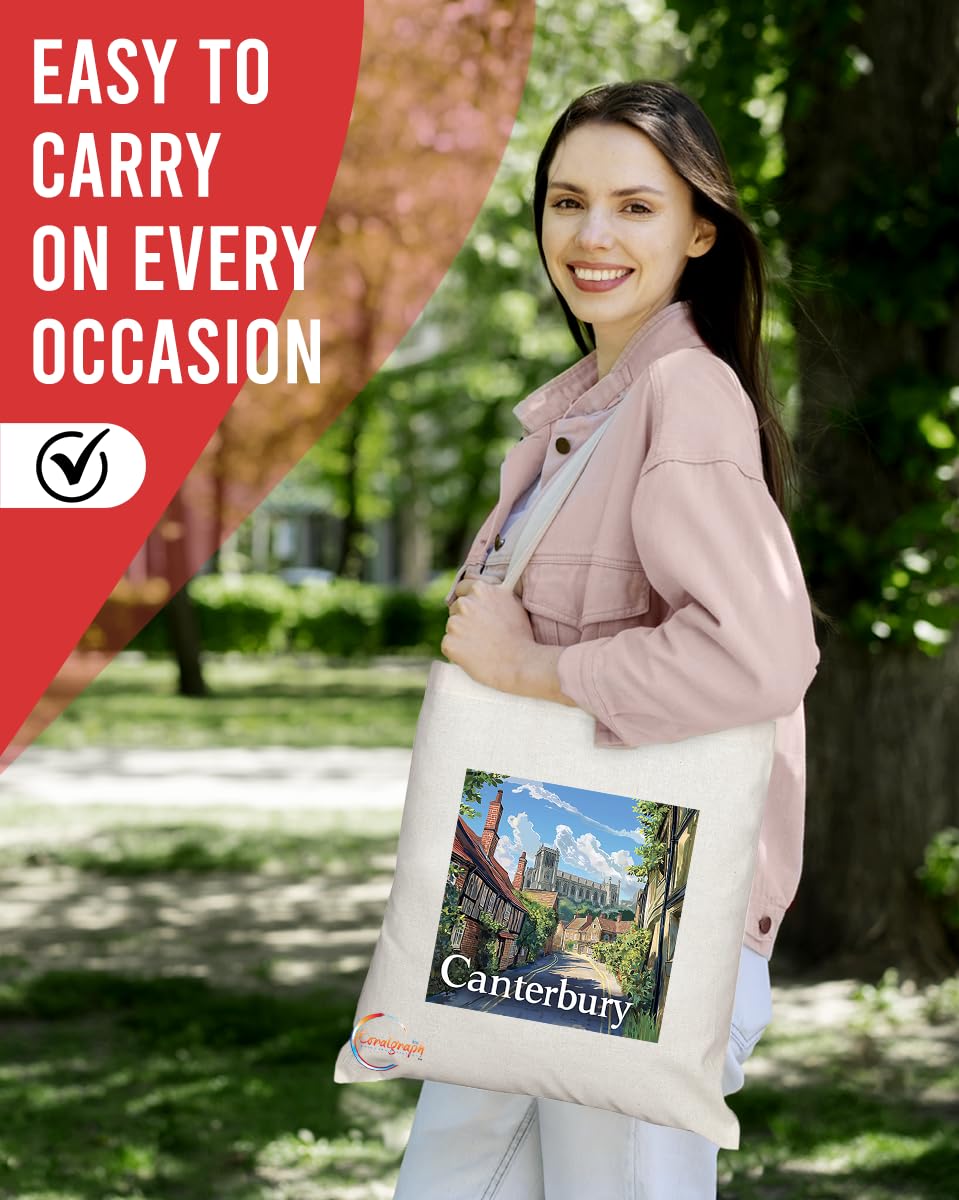 Natural Reusable Shopping Souvenir Tote Bag Featuring Cities and Landmarks in United Kingdom (Canterbury)