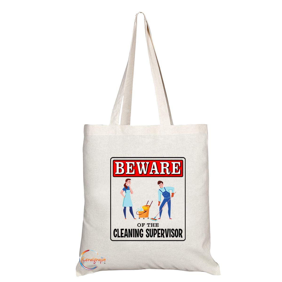 TB985 Beware of the Cleaning Supervisor Novelty Present Gift Printed Eco-Friendly Stylish Long Handled Tote Shoulder Bag