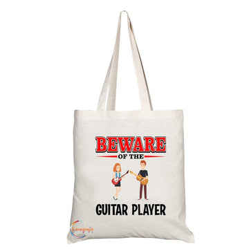 TB883 Beware of the Guitar Player Novelty Present Gift Printed Eco-Friendly Stylish Long Handled Tote Shoulder Bag